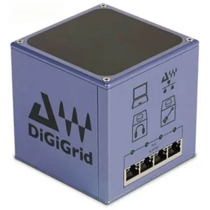 DiGiGrid S PoE network switch, angled view of the purple-blue cube with four PoE ports and status LEDs