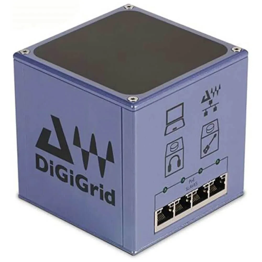 DiGiGrid S PoE network switch, angled view of the purple-blue cube with four PoE ports and status LEDs