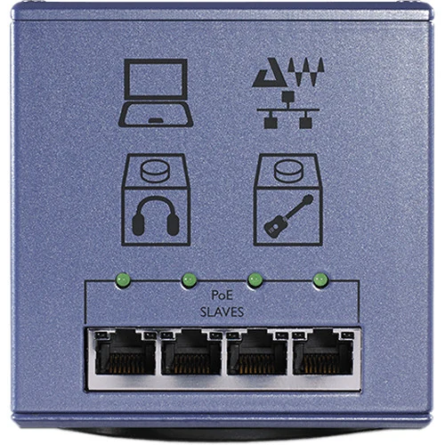 DiGiGrid S front panel with four Ethernet ports labelled PoE Slaves, a green LED above each port