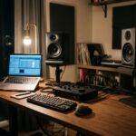 Home studio desk with an audio interface, laptop and studio monitors, a setup prone to ground loop hum