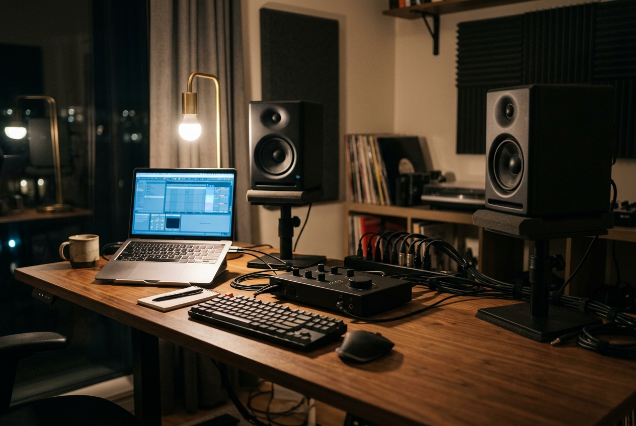 Home studio desk with an audio interface, laptop and studio monitors, a setup prone to ground loop hum