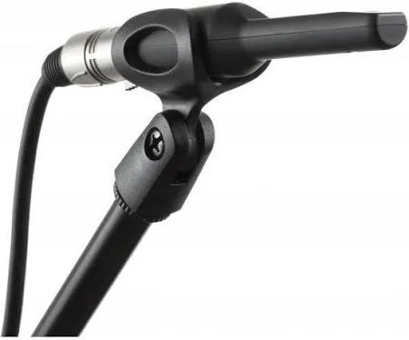 IK Multimedia ARC Measurement Mic mounted in its clamp on a mic stand with an XLR cable connected