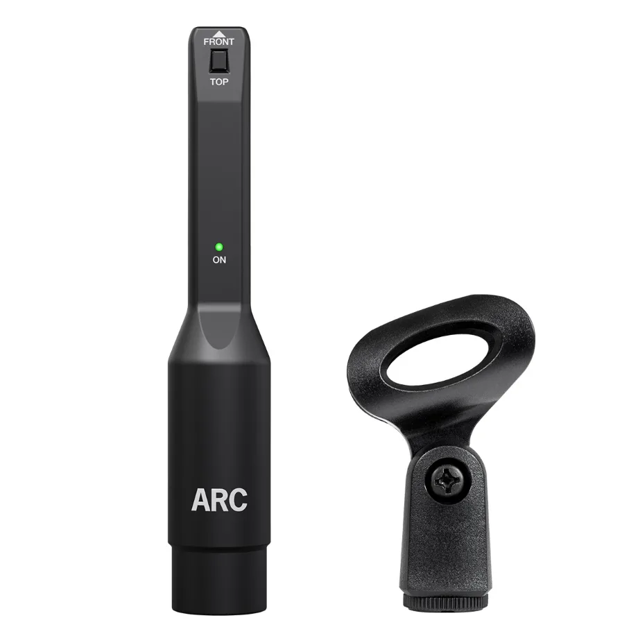 IK Multimedia ARC Measurement Mic with green ON LED, FRONT/TOP orientation mark and included microphone clamp