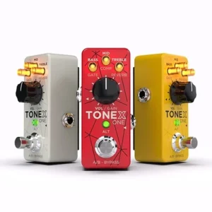 IK Multimedia TONEX Brown Sound Anthology box set: white, red and yellow TONEX ONE pedals side by side