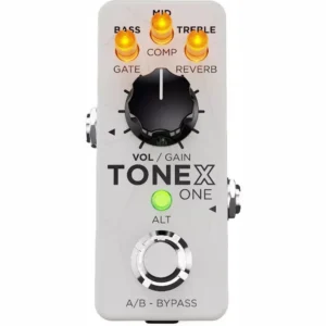 IK Multimedia TONEX ONE Brown Sound white pedal front view with lit micro knobs, VOL/GAIN knob and footswitch