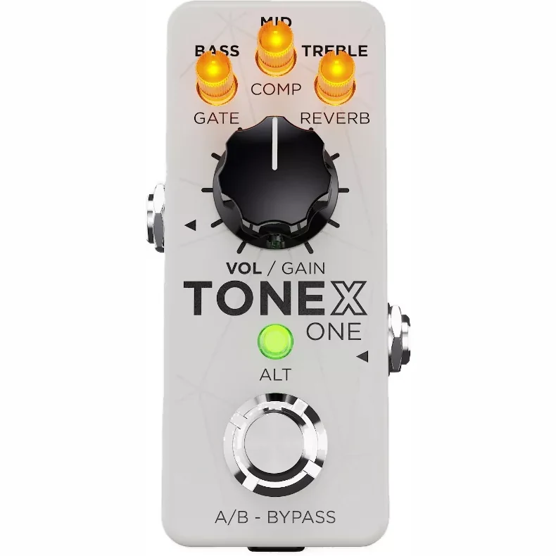 IK Multimedia TONEX ONE Brown Sound white pedal front view with lit micro knobs, VOL/GAIN knob and footswitch