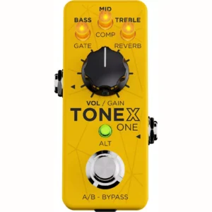 IK Multimedia TONEX ONE Brown Sound yellow pedal front view with lit micro knobs, VOL/GAIN knob and footswitch
