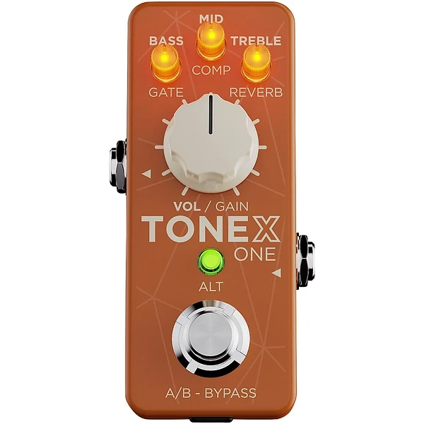 IK Multimedia TONEX ONE Double Special vintage brown pedal front view with lit micro knobs and cream VOL/GAIN knob