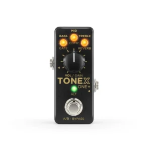IK Multimedia TONEX ONE+ pedal front view with lit EQ knobs, VOL/GAIN knob and A/B bypass footswitch