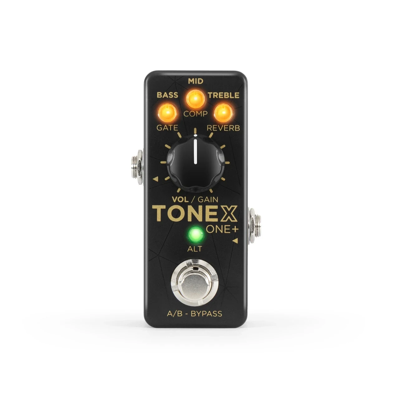 IK Multimedia TONEX ONE+ pedal front view with lit EQ knobs, VOL/GAIN knob and A/B bypass footswitch