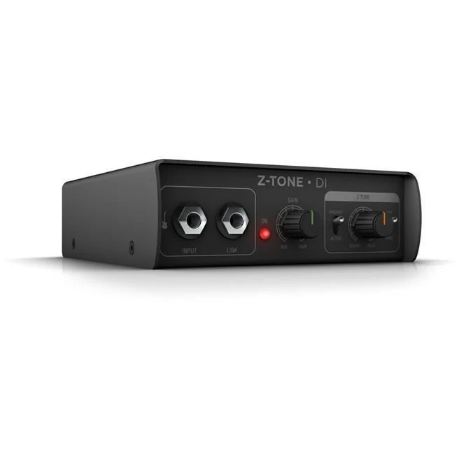 IK Multimedia Z-TONE DI angled view from the left showing the metal case and front panel controls
