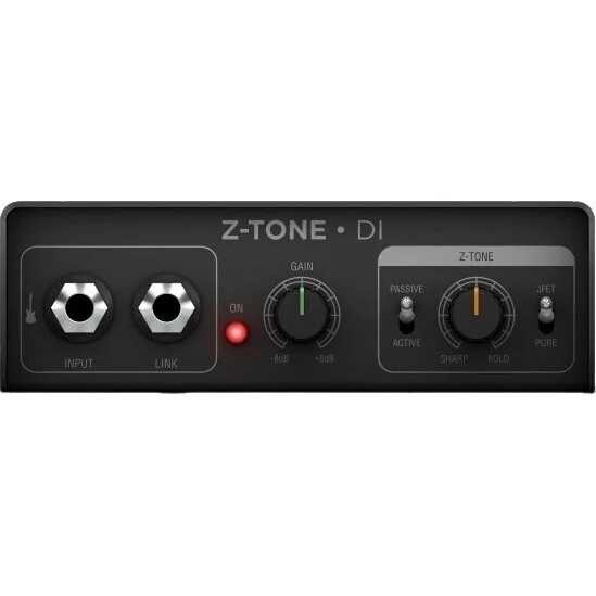 IK Multimedia Z-TONE DI front panel close-up: input and link jacks, gain -8dB to +8dB, Z-TONE sharp to bold