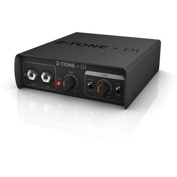 IK Multimedia Z-TONE DI active DI box, angled front view with input, link, gain and Z-TONE controls