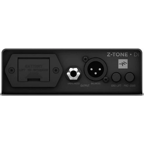 IK Multimedia Z-TONE DI rear panel with battery compartment, unbalanced and balanced XLR outputs, ground lift and pad
