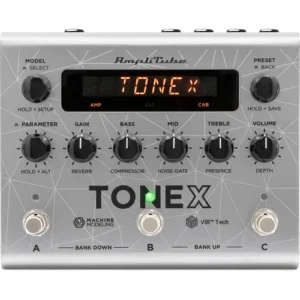 TONEX Pedal Bass Edition front view with orange display, six control knobs and three footswitches