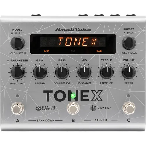 TONEX Pedal Bass Edition front view with orange display, six control knobs and three footswitches