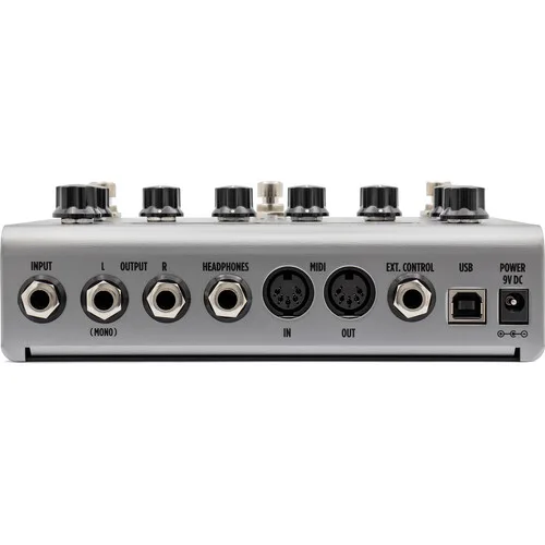 TONEX Pedal Bass Edition rear panel with input, stereo outputs, headphones, MIDI, ext control, USB and 9V power