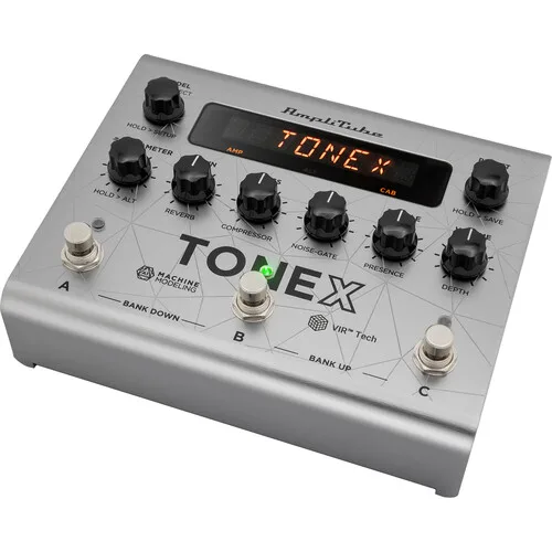 TONEX Pedal Bass Edition angled right view showing aluminium chassis, knobs and footswitches