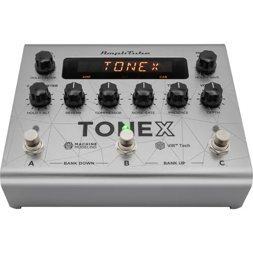 TONEX Pedal Bass Edition top panel with display, gain, bass, mid, treble, volume knobs and footswitches