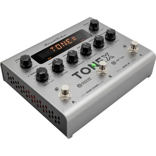 IK Multimedia TONEX Pedal Bass Edition, angled view showing display, control knobs and A, B, C footswitches