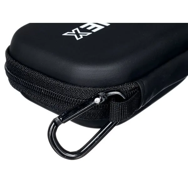 TONEX Plug Pouch close-up of black carabiner on fabric loop and zip closure