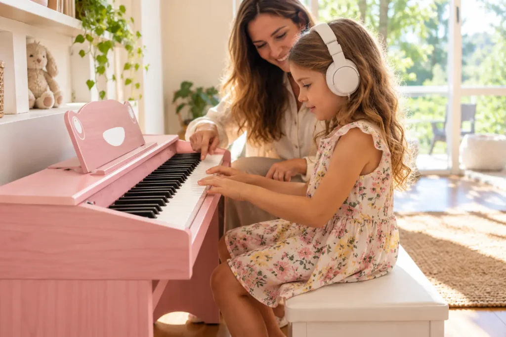 Young girl wearing headphones playing a white kids' digital piano with a parent beside her