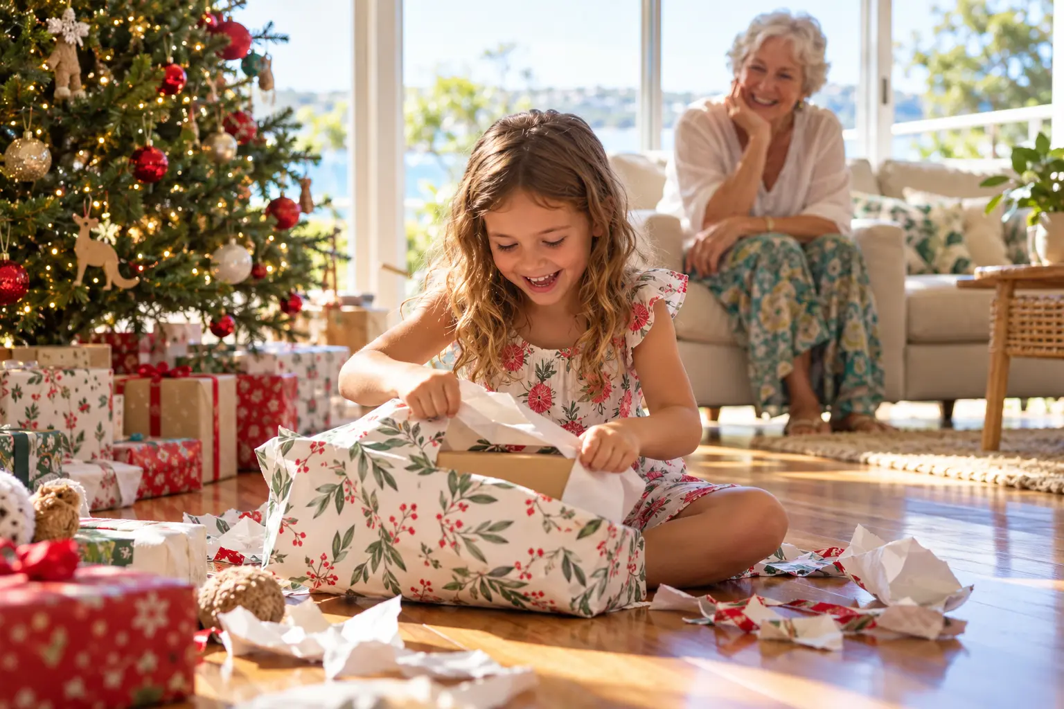 Child opening a musical gift beside a Christmas tree in a sunny living room