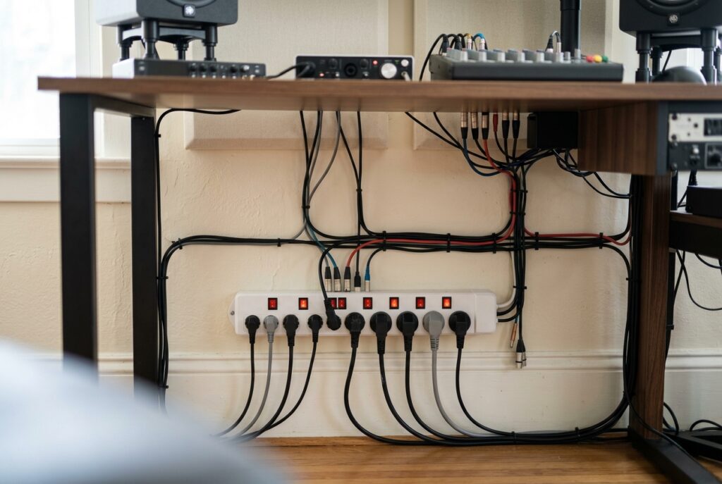 Behind a studio desk with all power plugs in one power board and audio cables kept apart from power leads