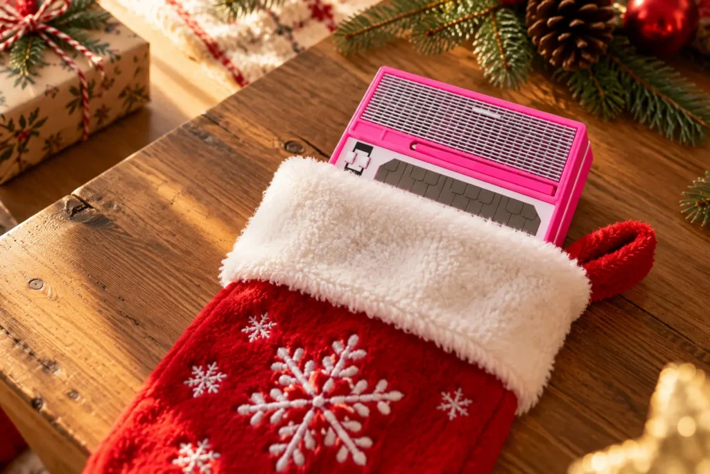 Christmas stocking holding a pocket synthesizer and a pack of AA batteries