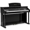 Ringway TG8862 88-key digital piano in polished ebony black, three-quarter view with gold Ringway logo and 3 pedals