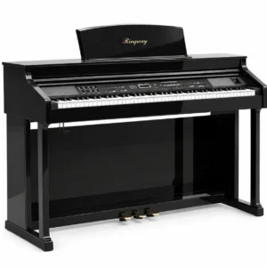 Ringway TG8862 88-key digital piano in polished ebony black, three-quarter view with gold Ringway logo and 3 pedals