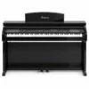 Ringway TG8862 digital piano in polished ebony, front view with 88 keys, gold logo on the music rest and 3 gold pedals