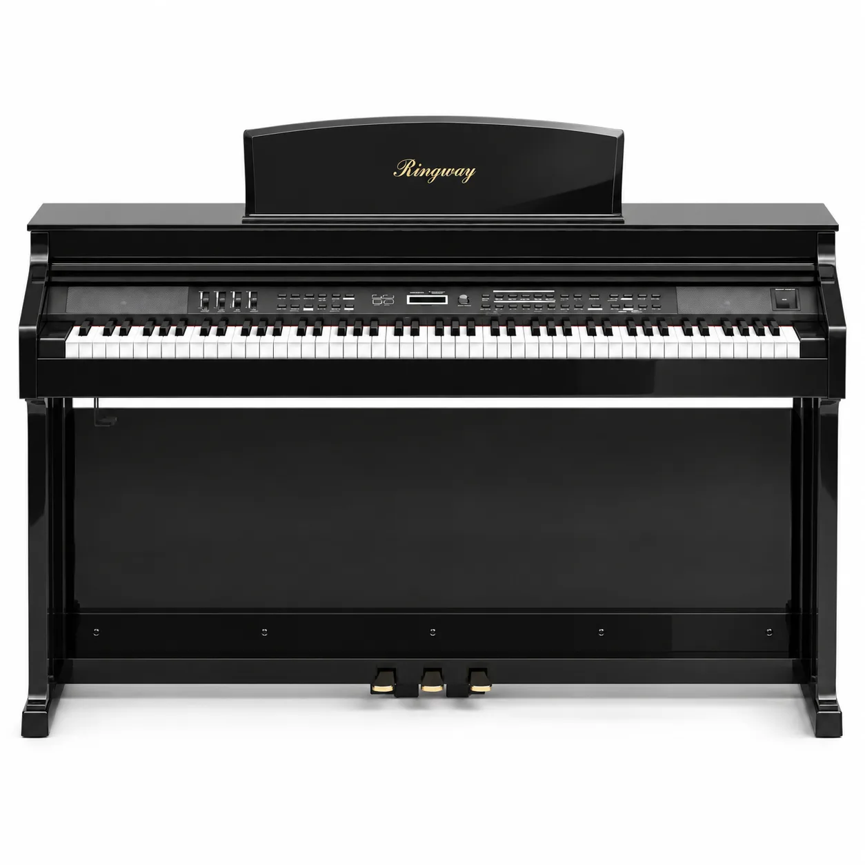 Ringway TG8862 digital piano in polished ebony, front view with 88 keys, gold logo on the music rest and 3 gold pedals