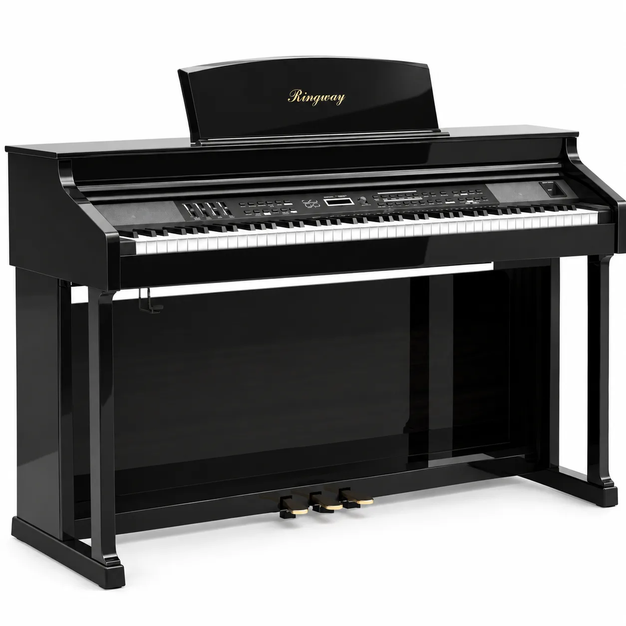 Ringway TG8862 88-key digital piano in polished ebony black, three-quarter view with gold Ringway logo and 3 pedals