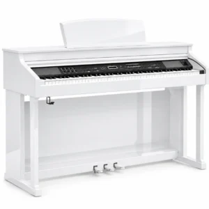 Ringway TG8862 88-key digital piano in polished white, three-quarter view showing the keyboard, control panel and 3 pedals