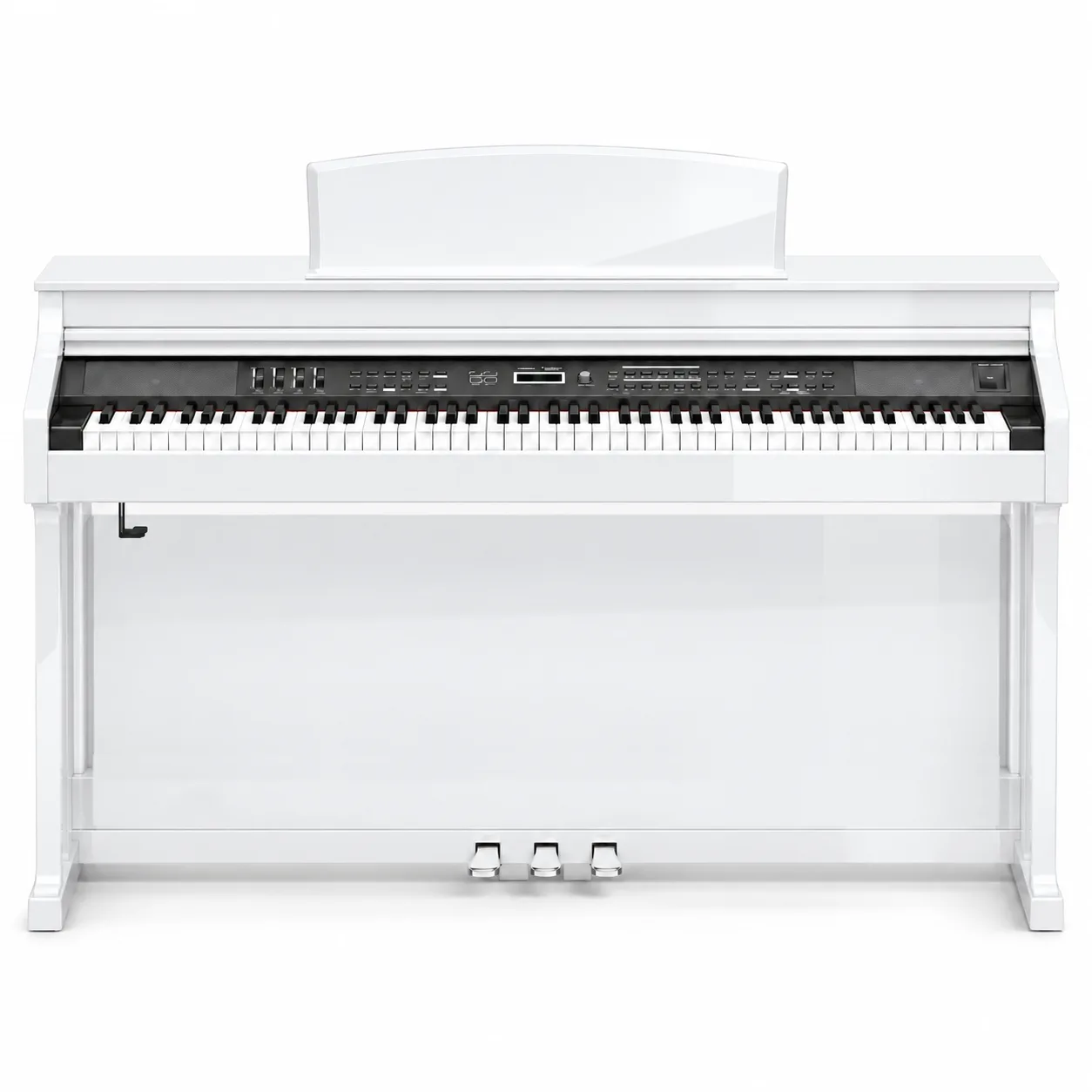 Ringway TG8862 digital piano in polished white, front view with 88 keys, dark control panel and three pedals