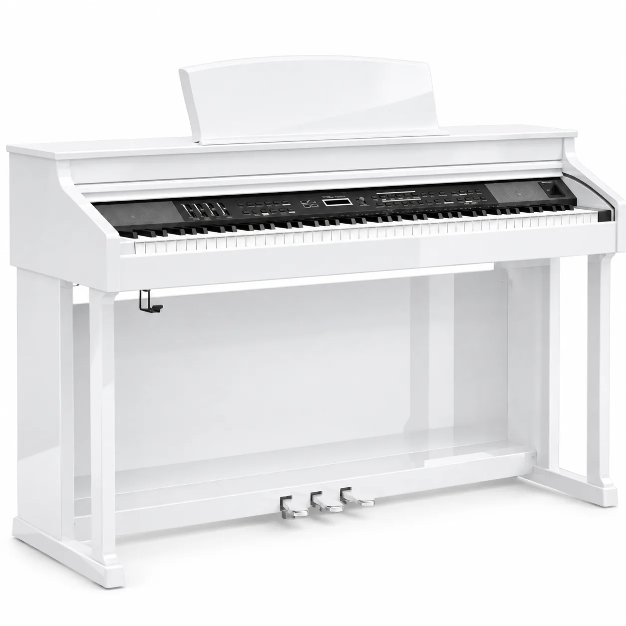 Ringway TG8862 88-key digital piano in polished white, three-quarter view showing the keyboard, control panel and 3 pedals