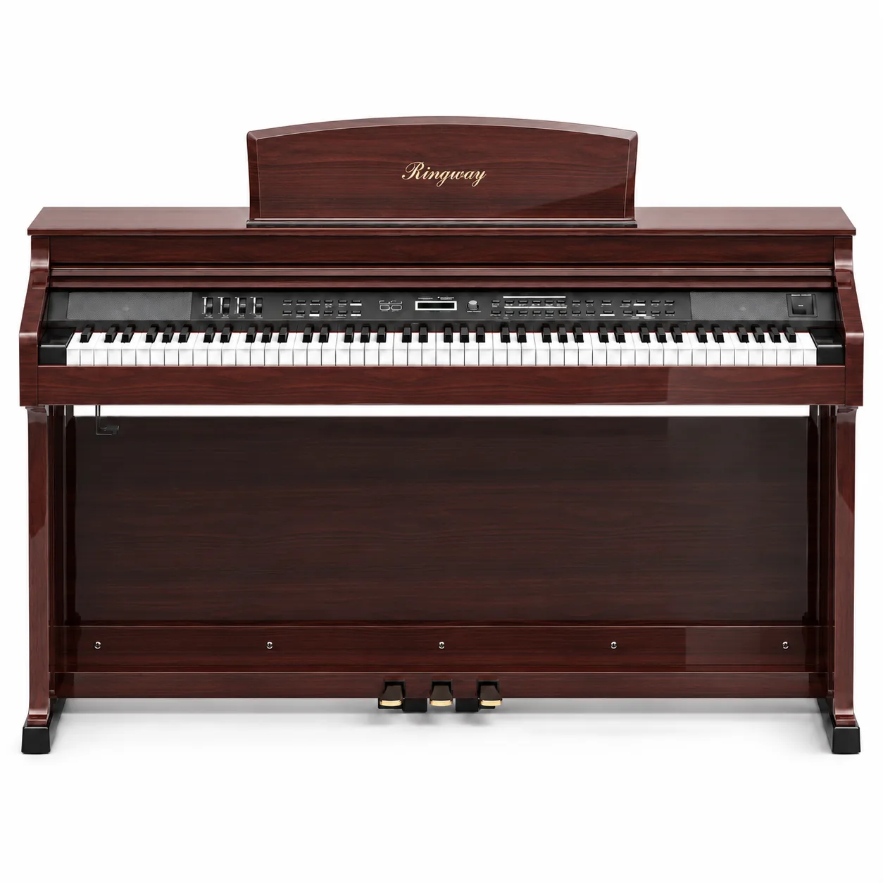 Ringway TG8862 digital piano in rosewood finish, front view with 88 keys, music rest and three pedals