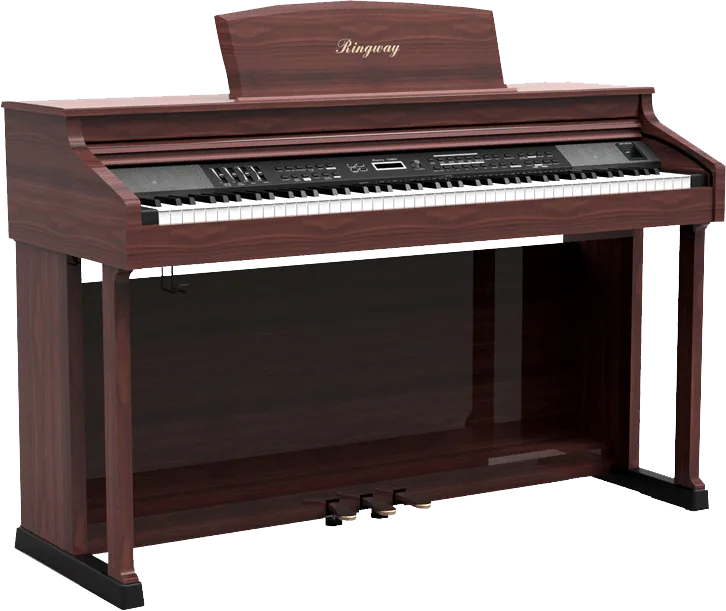 Ringway TG8862 88-key digital piano in rosewood finish, three-quarter view with control panel and three pedals