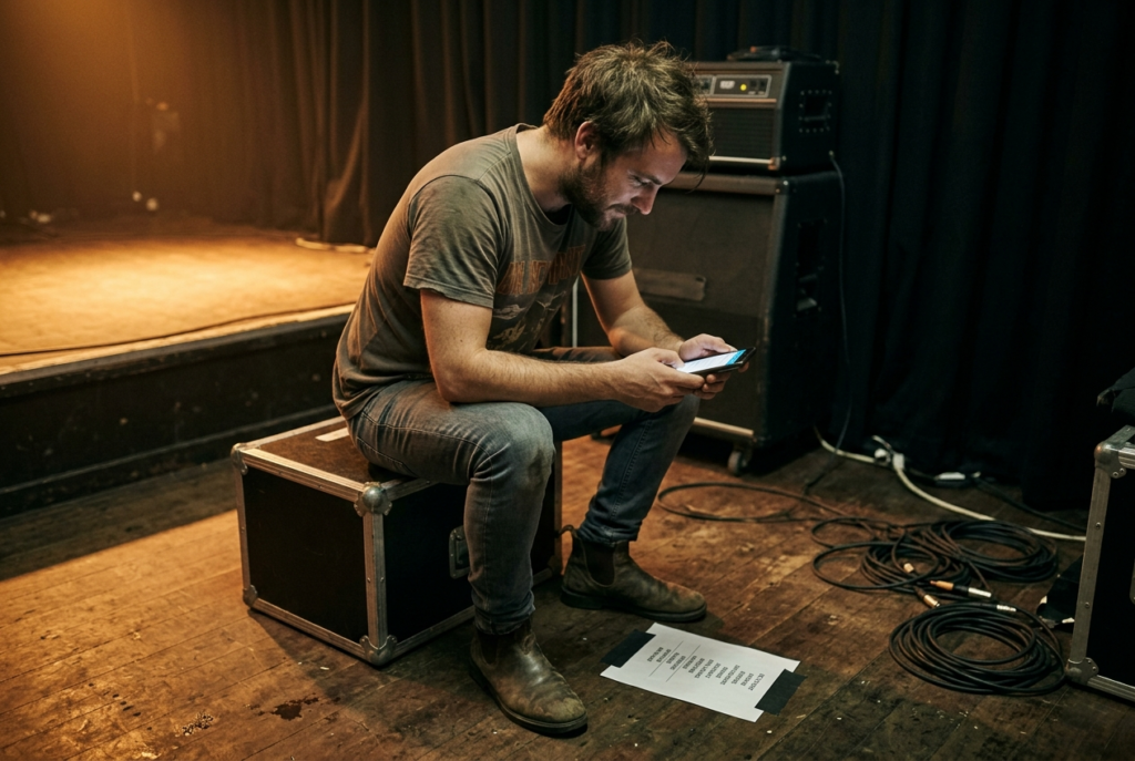 Musician submitting a setlist on his phone backstage after a pub gig to claim live performance royalties