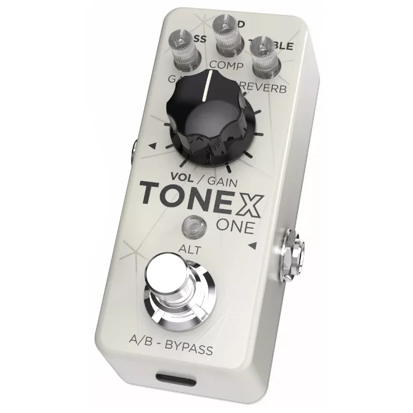 TONEX ONE Brown Sound white pedal angled view showing clear micro knobs, VOL/GAIN knob, ALT button and USB-C port