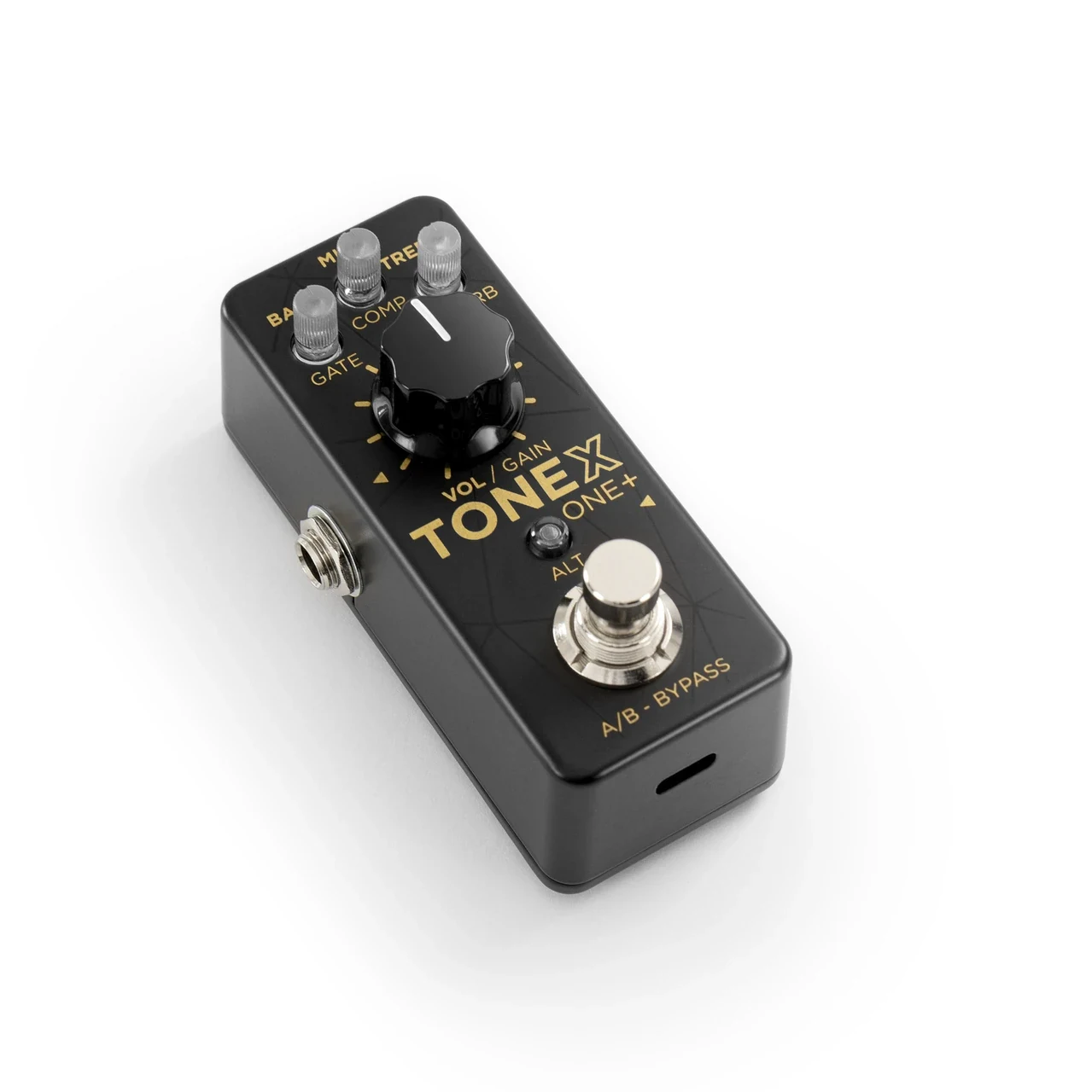 TONEX ONE+ pedal angled top view showing micro knobs, VOL/GAIN knob, ALT button, footswitch and USB port