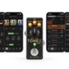 TONEX ONE+ pedal with four phone screens of the TONEX Control app: amp editor, delay, presets and ToneNET