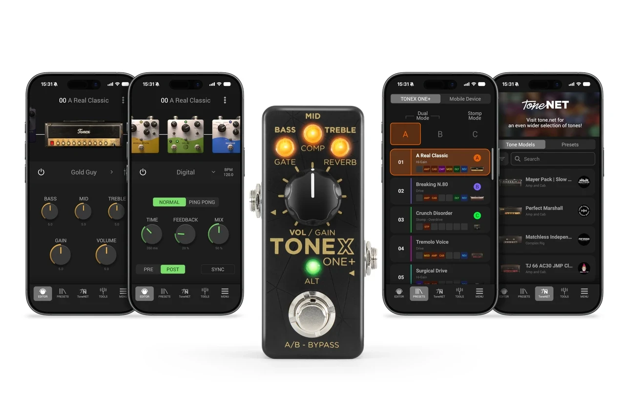 TONEX ONE+ pedal with four phone screens of the TONEX Control app: amp editor, delay, presets and ToneNET