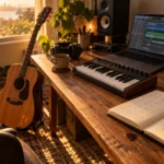 Songwriter's desk with a small MIDI keyboard, laptop, acoustic guitar and a notebook of chords