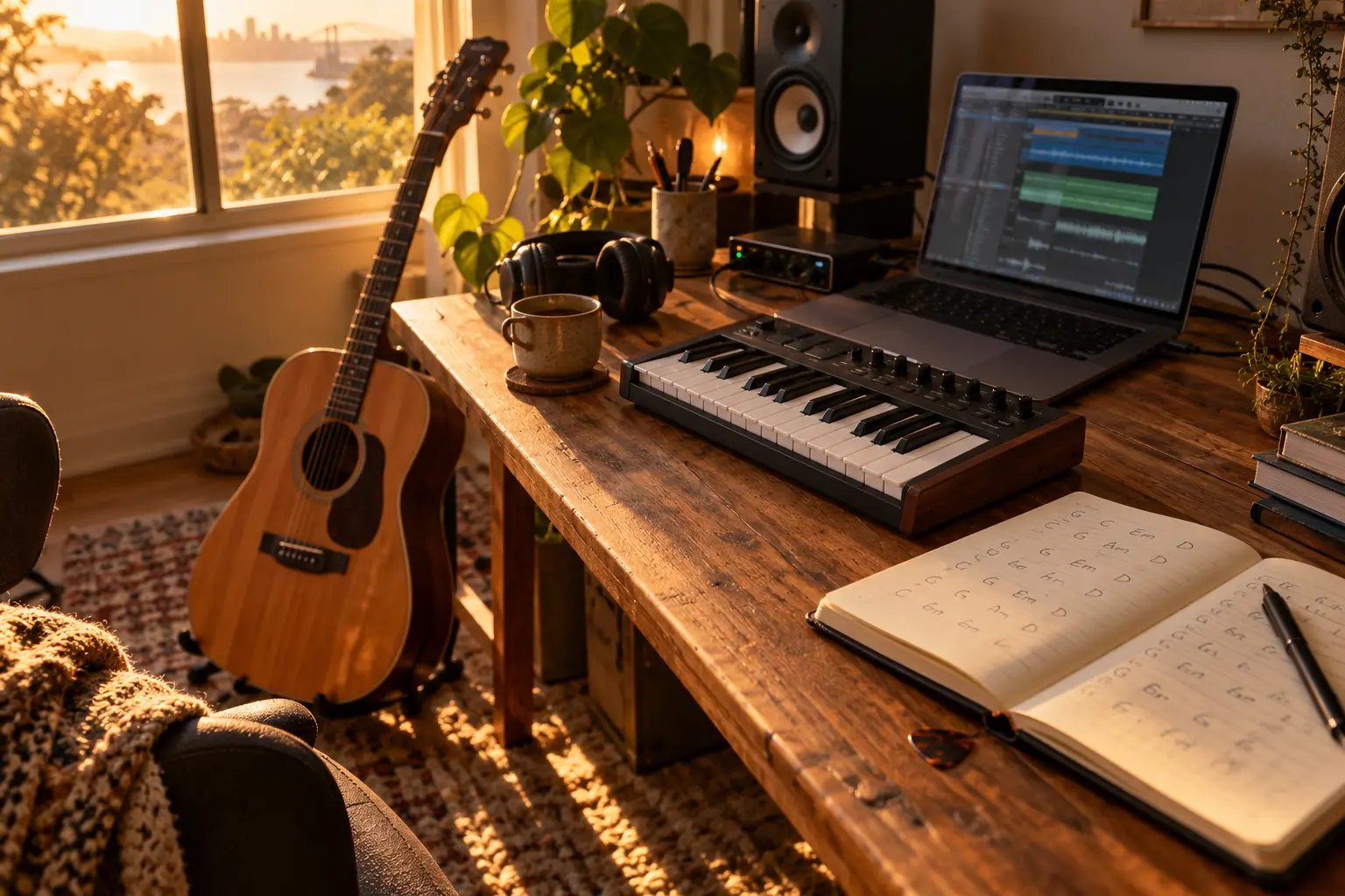 Songwriter's desk with a small MIDI keyboard, laptop, acoustic guitar and a notebook of chords